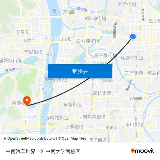 中南汽车世界 to 中南大学南校区 map