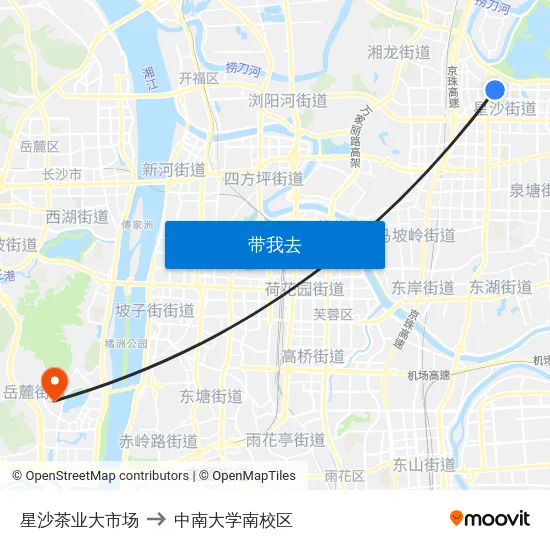 星沙茶业大市场 to 中南大学南校区 map