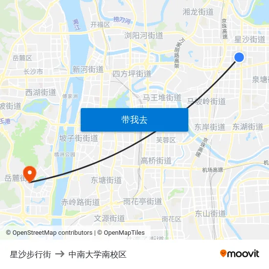 星沙步行街 to 中南大学南校区 map