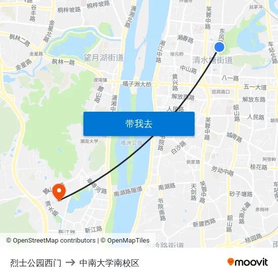 烈士公园西门 to 中南大学南校区 map