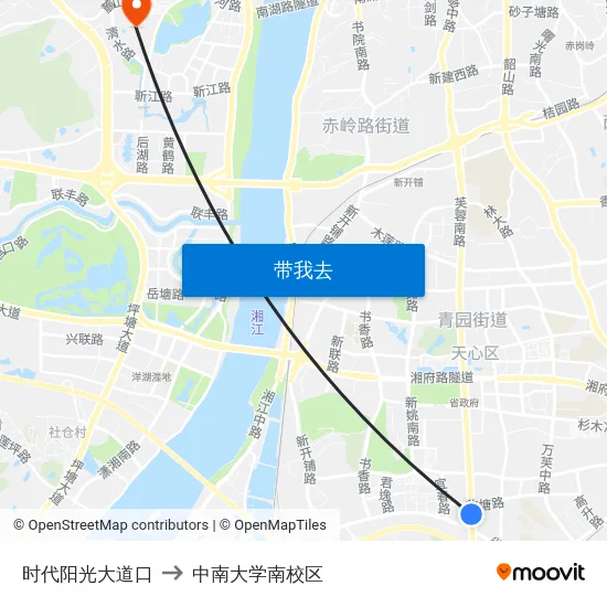 时代阳光大道口 to 中南大学南校区 map