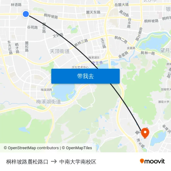 桐梓坡路麓松路口 to 中南大学南校区 map