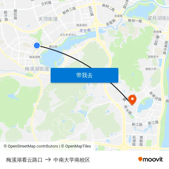 梅溪湖看云路口 to 中南大学南校区 map