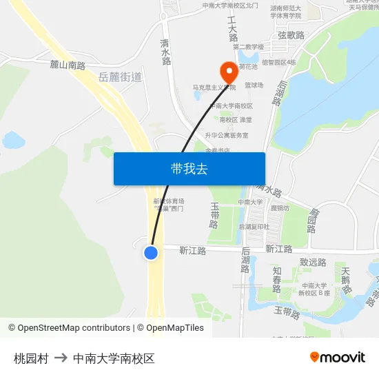 桃园村 to 中南大学南校区 map