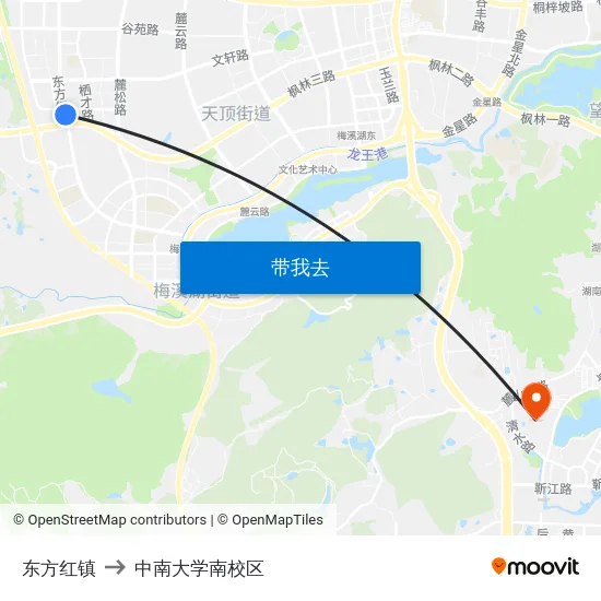 东方红镇 to 中南大学南校区 map