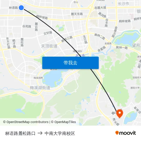 林语路麓松路口 to 中南大学南校区 map