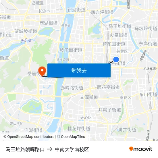 马王堆路朝晖路口 to 中南大学南校区 map