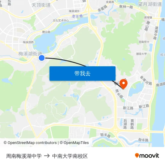 周南梅溪湖中学 to 中南大学南校区 map
