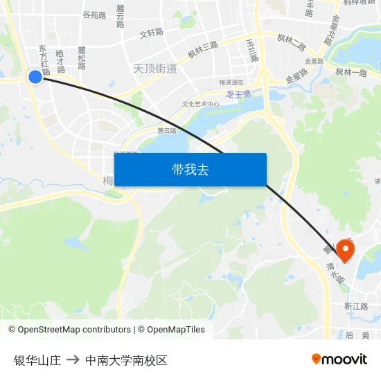 银华山庄 to 中南大学南校区 map
