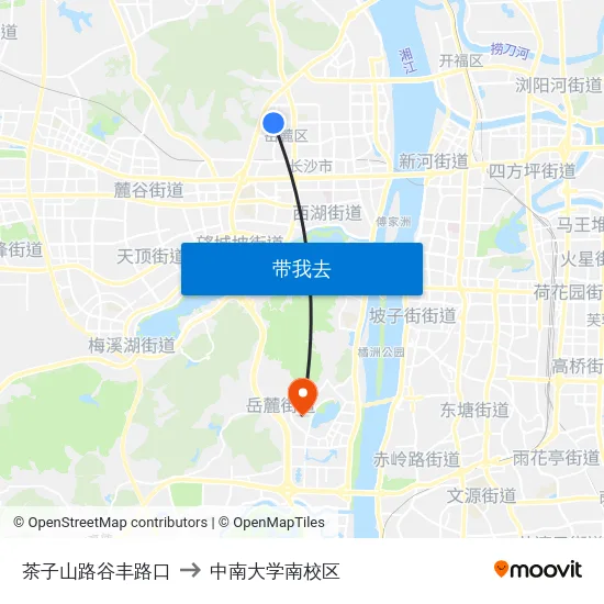 茶子山路谷丰路口 to 中南大学南校区 map
