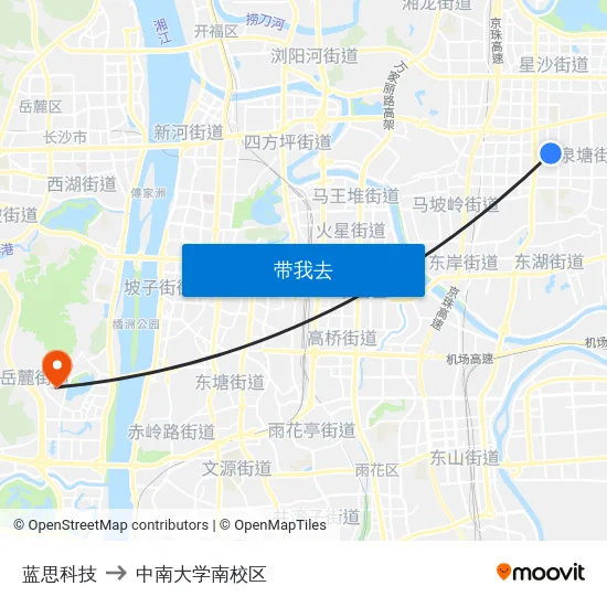 蓝思科技 to 中南大学南校区 map