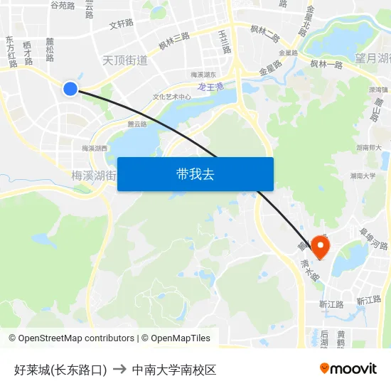 好莱城(长东路口) to 中南大学南校区 map