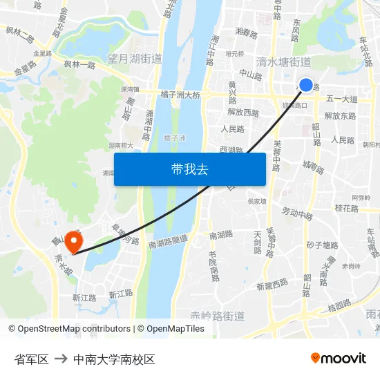 省军区 to 中南大学南校区 map