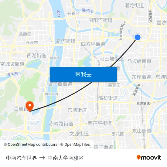 中南汽车世界 to 中南大学南校区 map