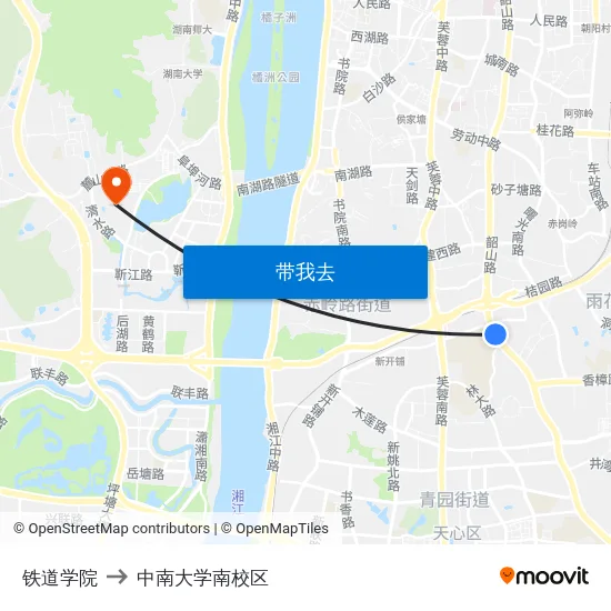 铁道学院 to 中南大学南校区 map