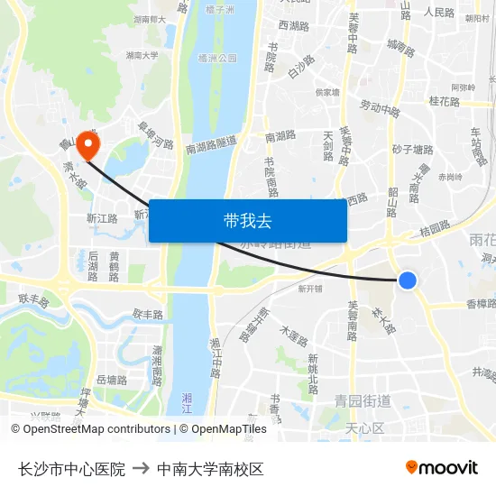 长沙市中心医院 to 中南大学南校区 map
