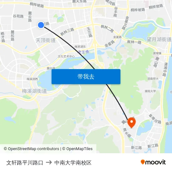 文轩路平川路口 to 中南大学南校区 map
