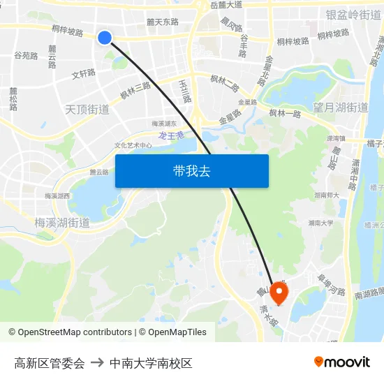 高新区管委会 to 中南大学南校区 map