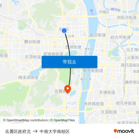 岳麓区政府北 to 中南大学南校区 map