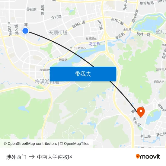 涉外西门 to 中南大学南校区 map