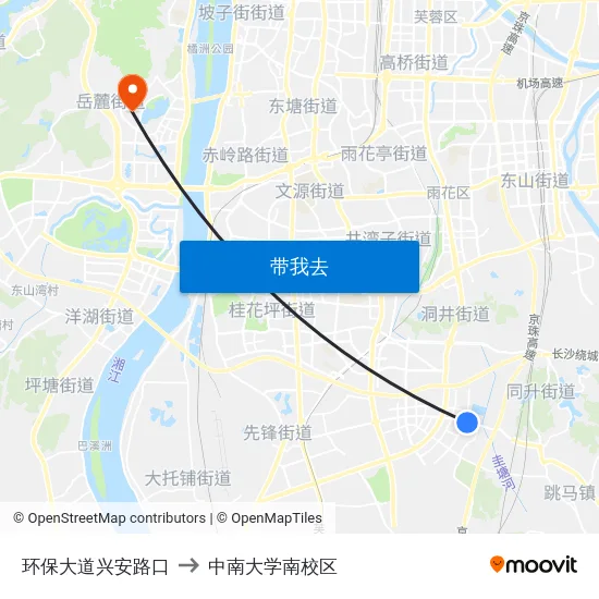 环保大道兴安路口 to 中南大学南校区 map