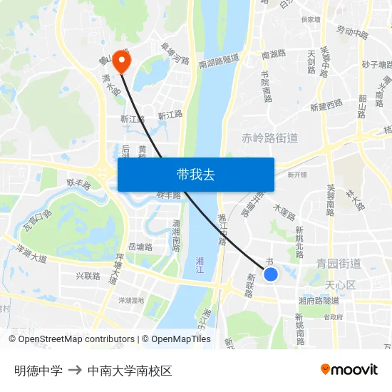 明德中学 to 中南大学南校区 map