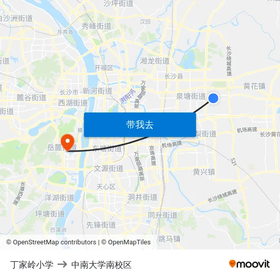 丁家岭小学 to 中南大学南校区 map