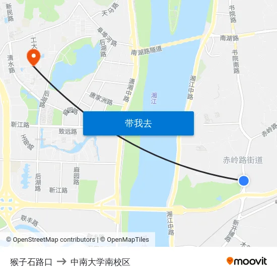 猴子石路口 to 中南大学南校区 map