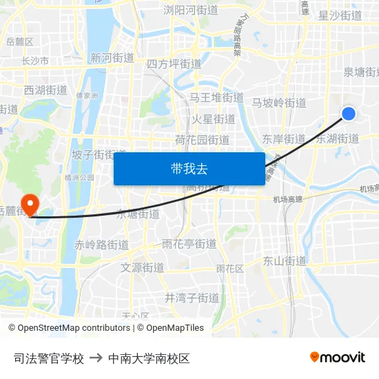 司法警官学校 to 中南大学南校区 map