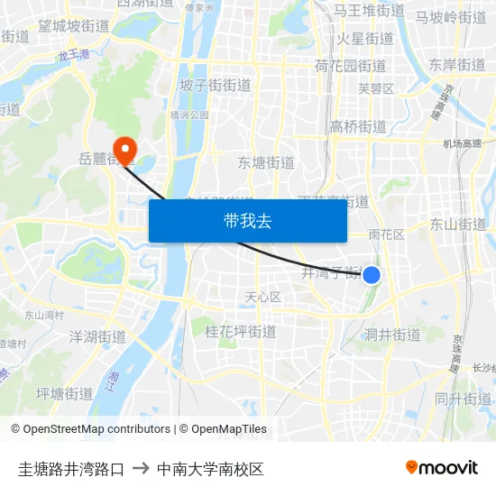 圭塘路井湾路口 to 中南大学南校区 map