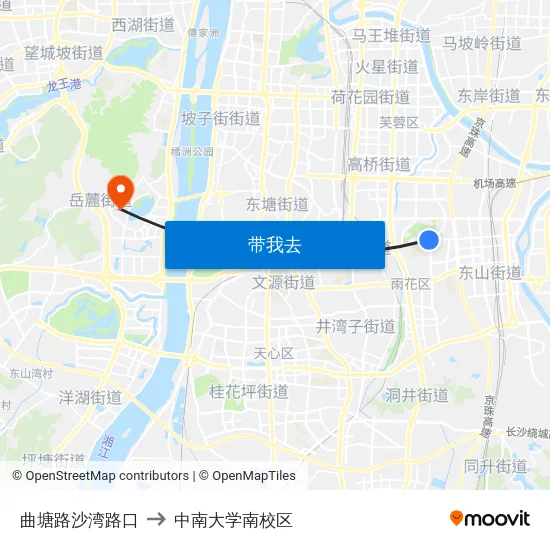 曲塘路沙湾路口 to 中南大学南校区 map