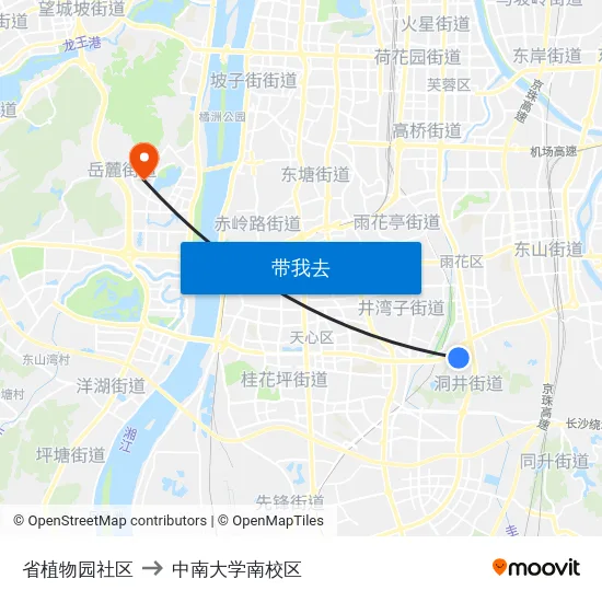 省植物园社区 to 中南大学南校区 map