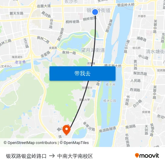 银双路银盆岭路口 to 中南大学南校区 map