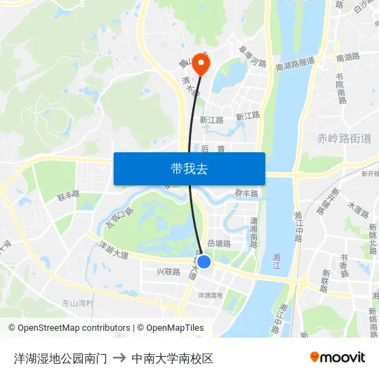 洋湖湿地公园南门 to 中南大学南校区 map