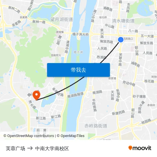 芙蓉广场 to 中南大学南校区 map