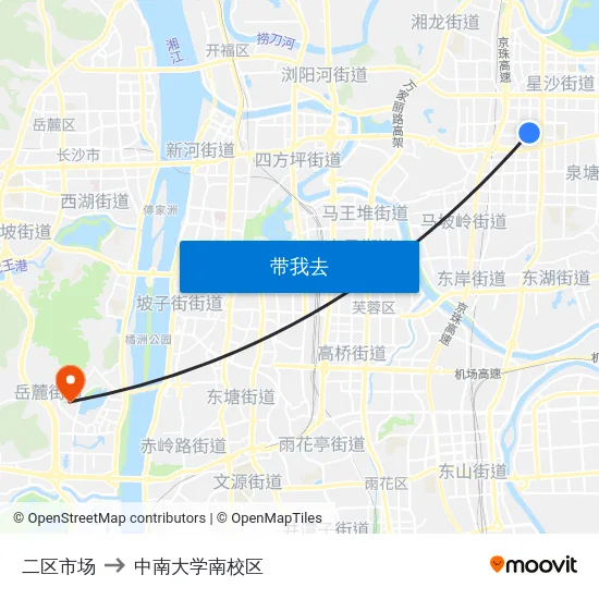二区市场 to 中南大学南校区 map