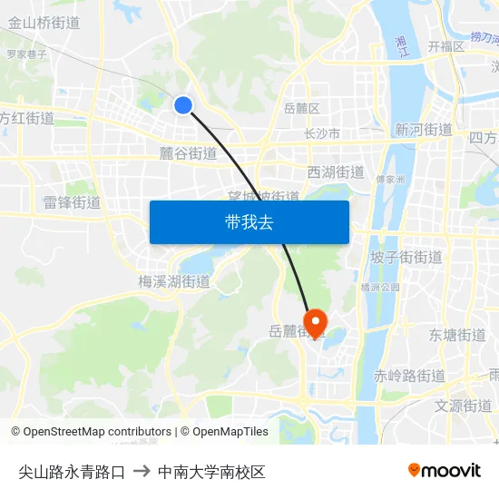 尖山路永青路口 to 中南大学南校区 map