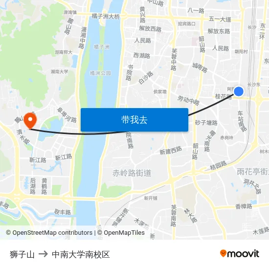 狮子山 to 中南大学南校区 map