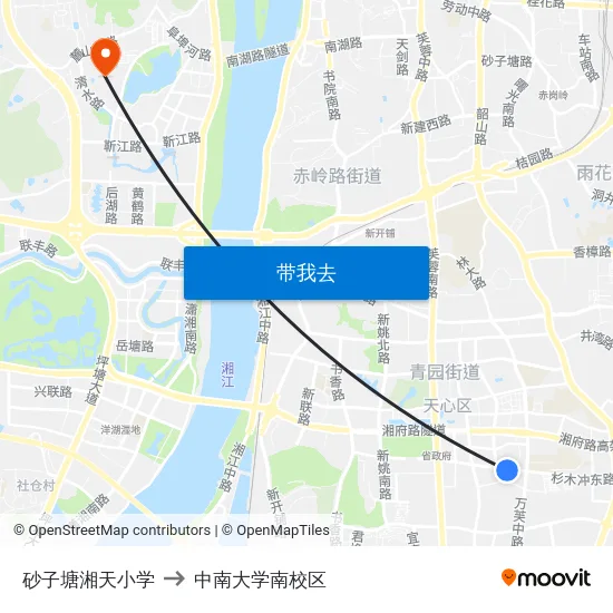砂子塘湘天小学 to 中南大学南校区 map