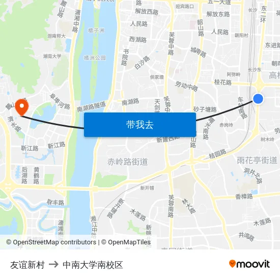 友谊新村 to 中南大学南校区 map