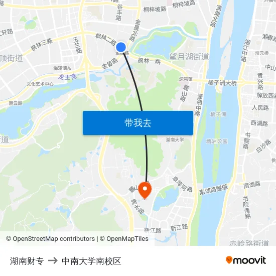 湖南财专 to 中南大学南校区 map