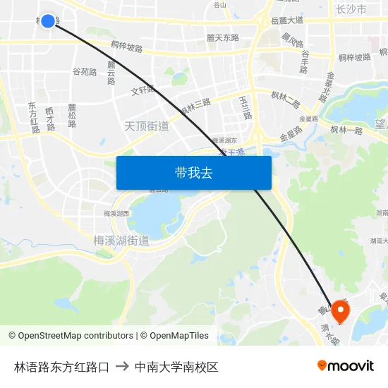 林语路东方红路口 to 中南大学南校区 map