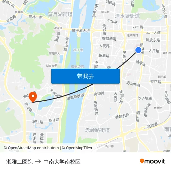 湘雅二医院 to 中南大学南校区 map