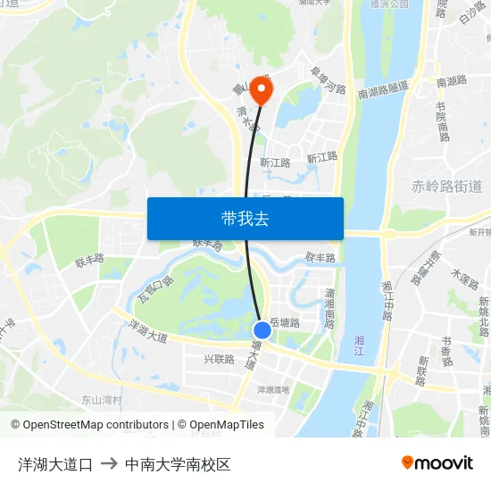 洋湖大道口 to 中南大学南校区 map