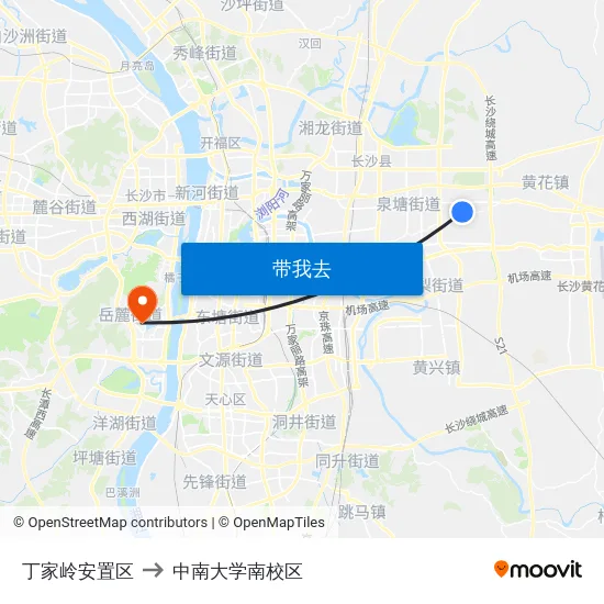 丁家岭安置区 to 中南大学南校区 map