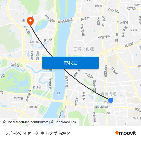 天心公安分局 to 中南大学南校区 map