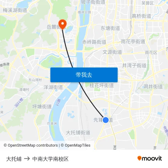 大托铺 to 中南大学南校区 map