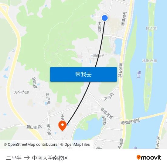 二里半 to 中南大学南校区 map