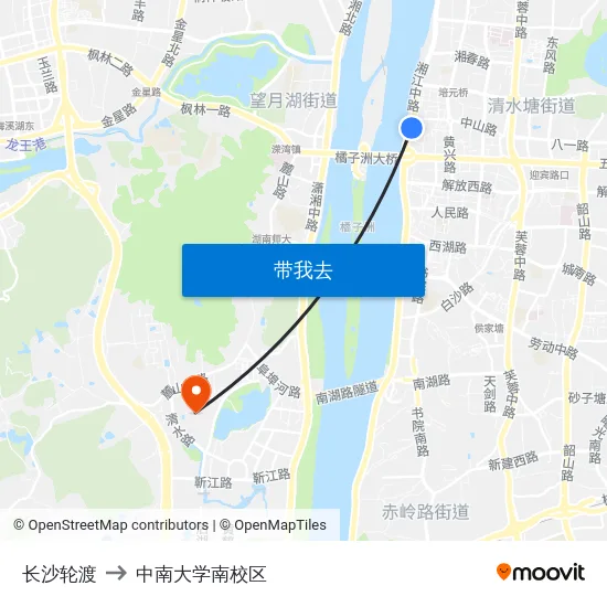长沙轮渡 to 中南大学南校区 map