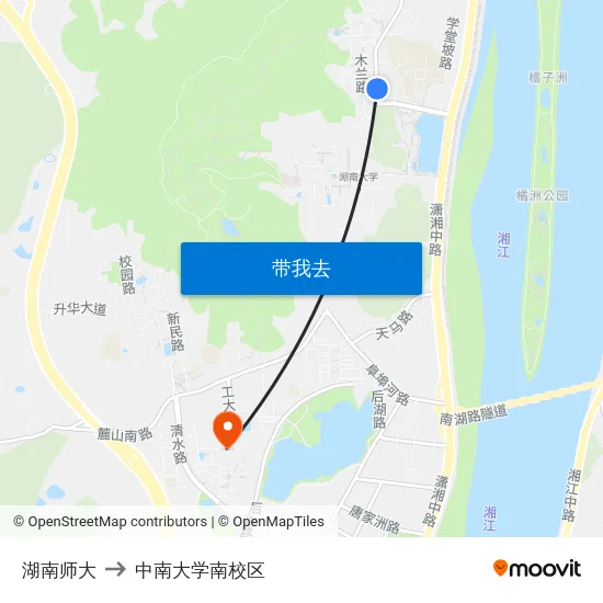 湖南师大 to 中南大学南校区 map